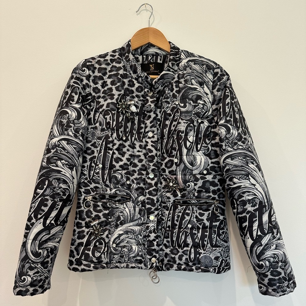 Nice Istanbul Animal Print Quilted Coat with Rhinestones Size M
